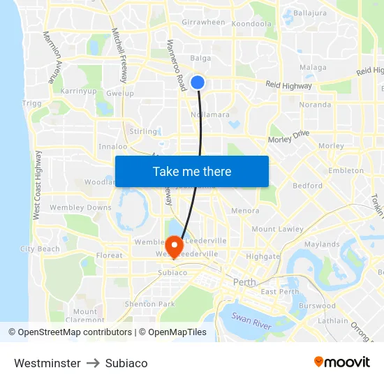 Westminster to Subiaco map