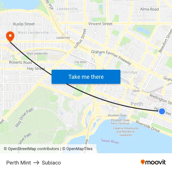Perth Mint to Subiaco map