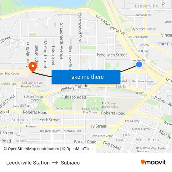 Leederville Station to Subiaco map