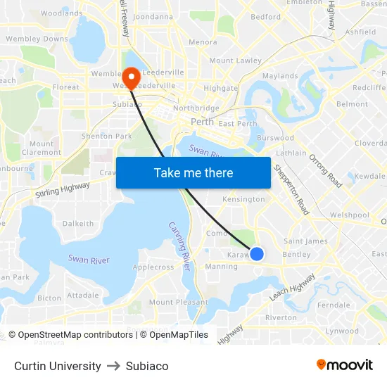 Curtin University to Subiaco map