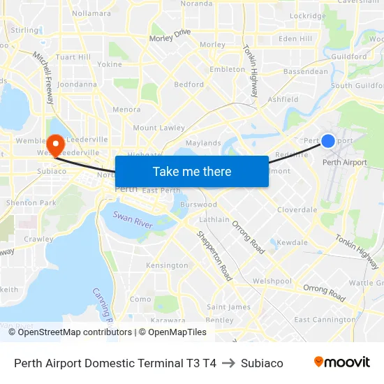 Perth Airport Domestic Terminal T3 T4 to Subiaco map