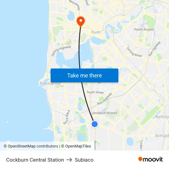 Cockburn Central Station to Subiaco map