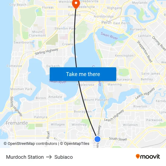 Murdoch Station to Subiaco map