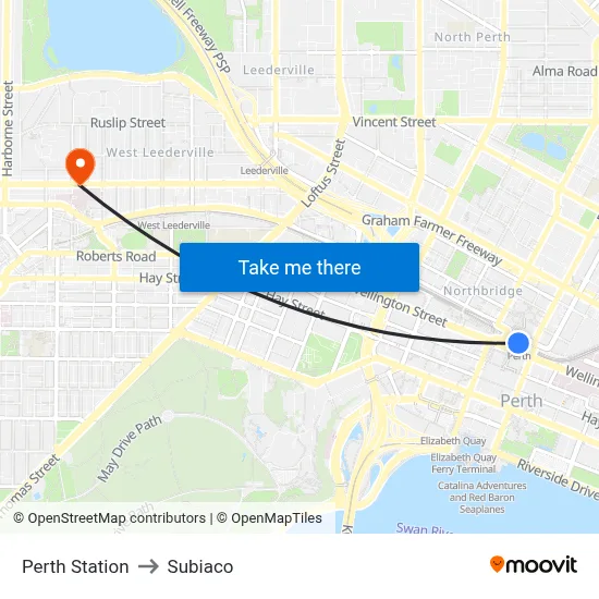 Perth Station to Subiaco map