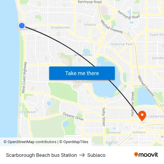 Scarborough Beach bus Station to Subiaco map