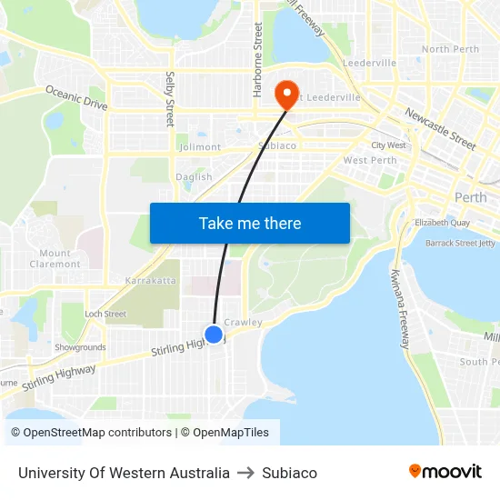 University Of Western Australia to Subiaco map