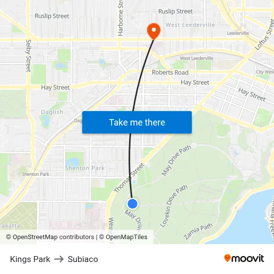 Kings Park to Subiaco map