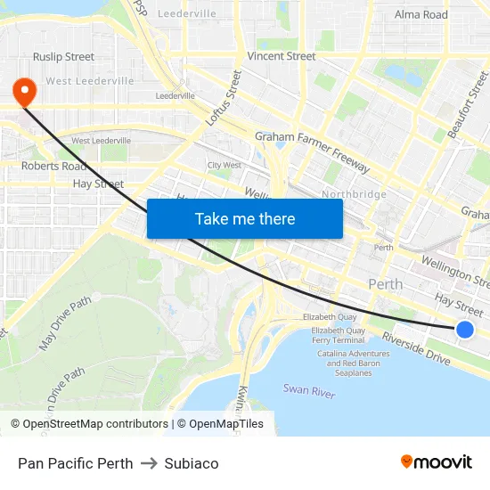 Pan Pacific Perth to Subiaco map