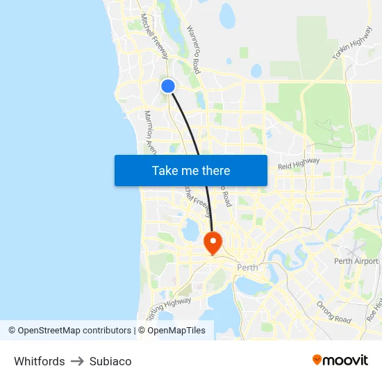 Whitfords to Subiaco map