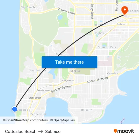 Cottesloe Beach to Subiaco map