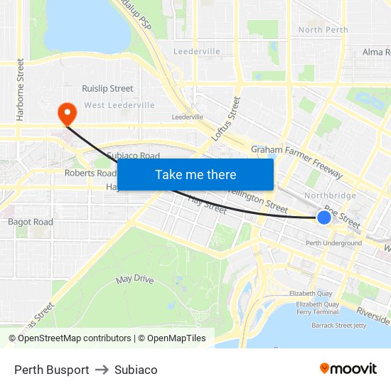 Perth Busport to Subiaco map