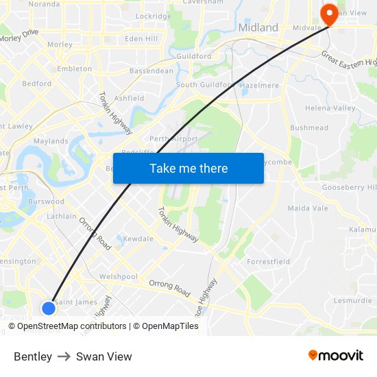 Bentley to Swan View map