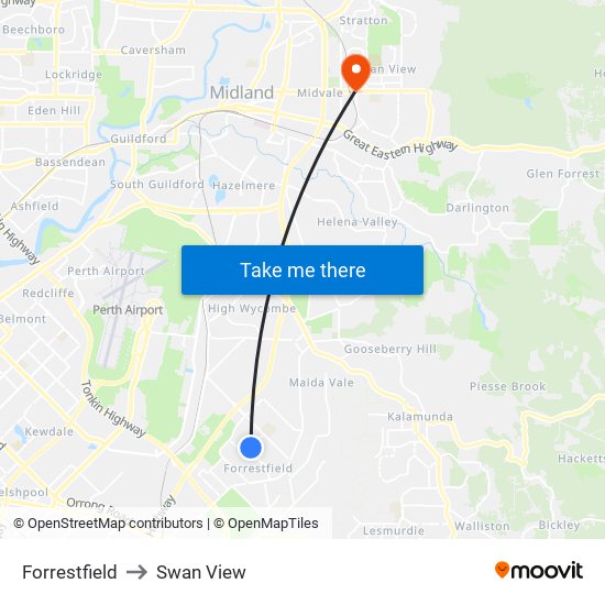 Forrestfield to Swan View map