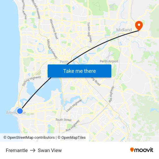 Fremantle to Swan View map
