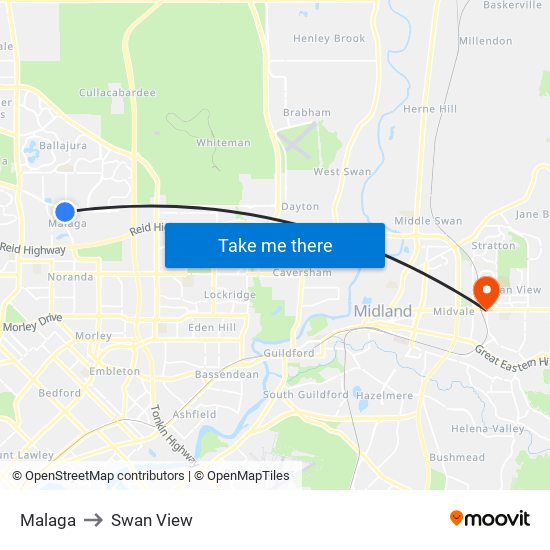 Malaga to Swan View map