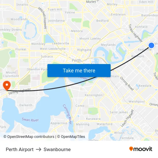 Perth Airport to Swanbourne map