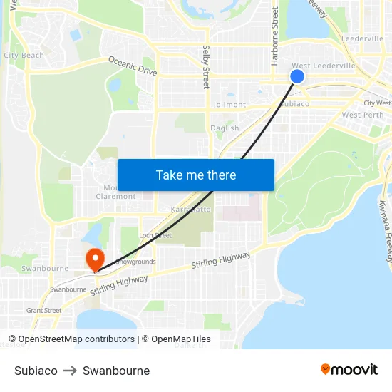 Subiaco to Swanbourne map