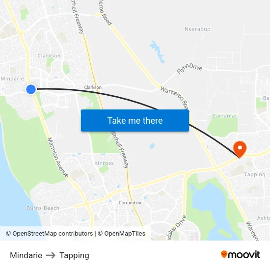 Mindarie to Tapping map