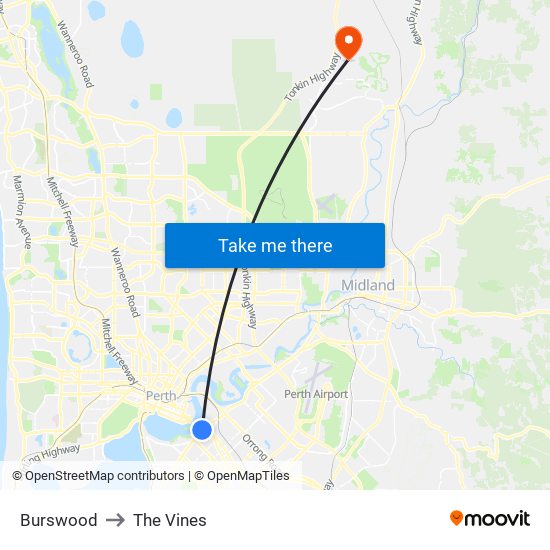 Burswood to The Vines map