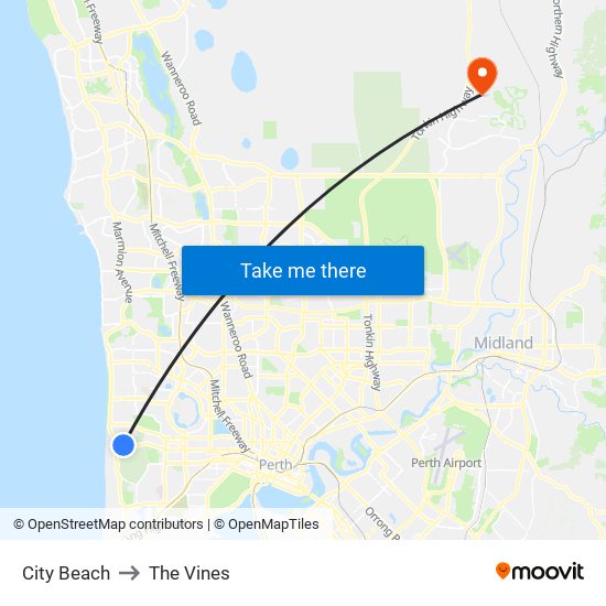 City Beach to The Vines map