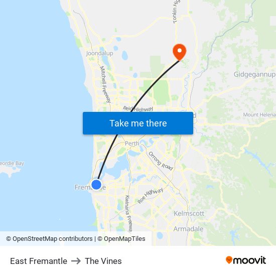 East Fremantle to The Vines map