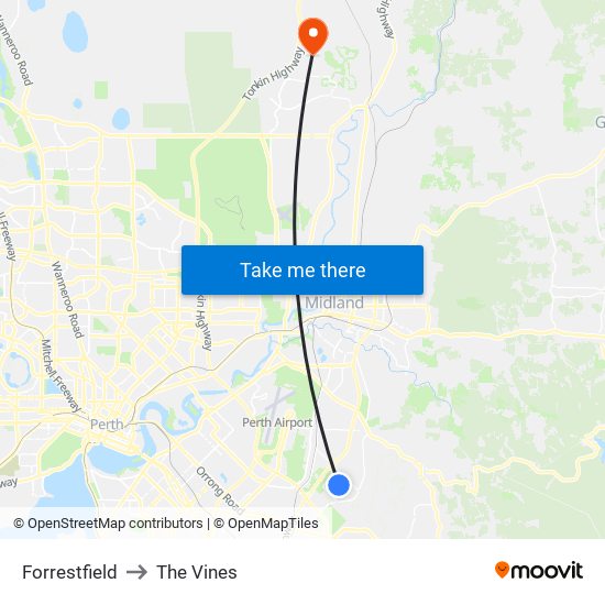 Forrestfield to The Vines map