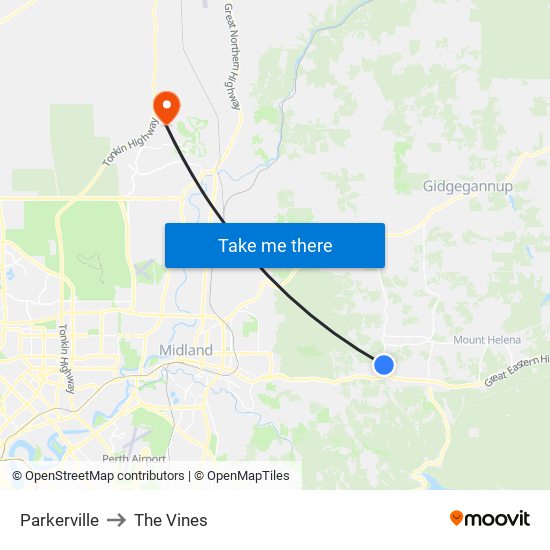 Parkerville to The Vines map