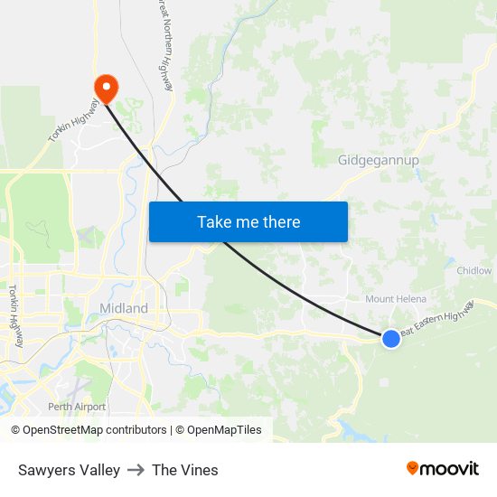 Sawyers Valley to The Vines map