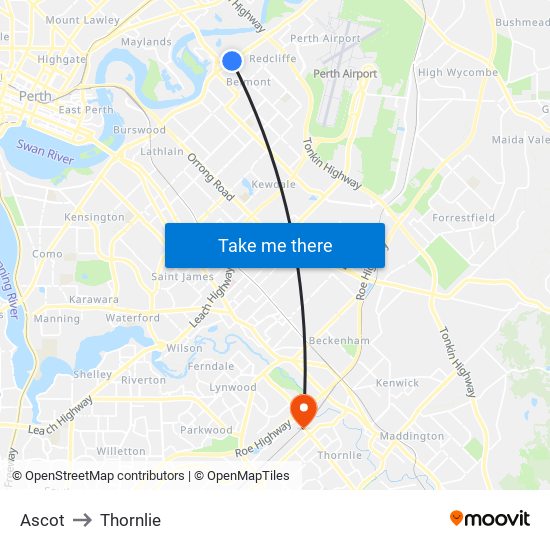 Ascot to Thornlie map