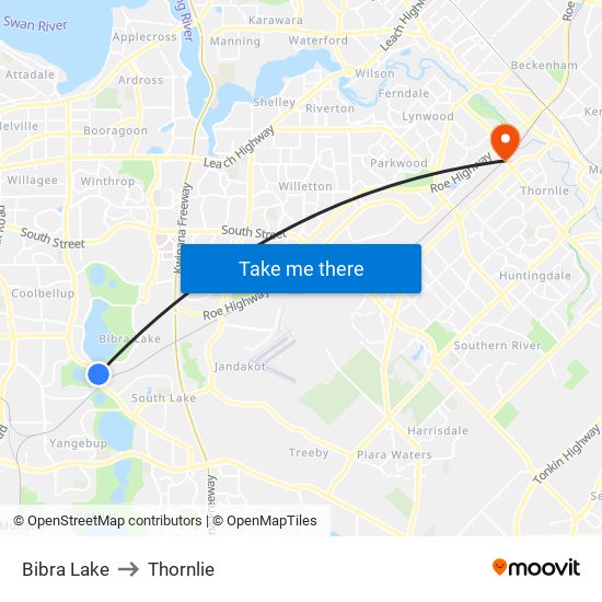 Bibra Lake to Thornlie map
