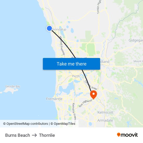 Burns Beach to Thornlie map
