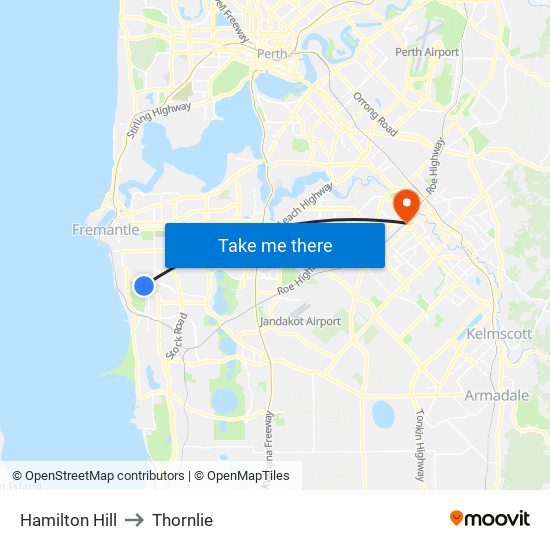 Hamilton Hill to Thornlie map