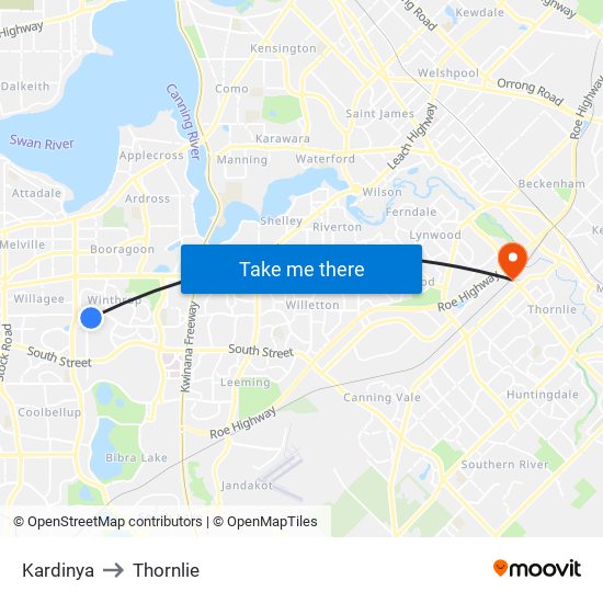 Kardinya to Thornlie map