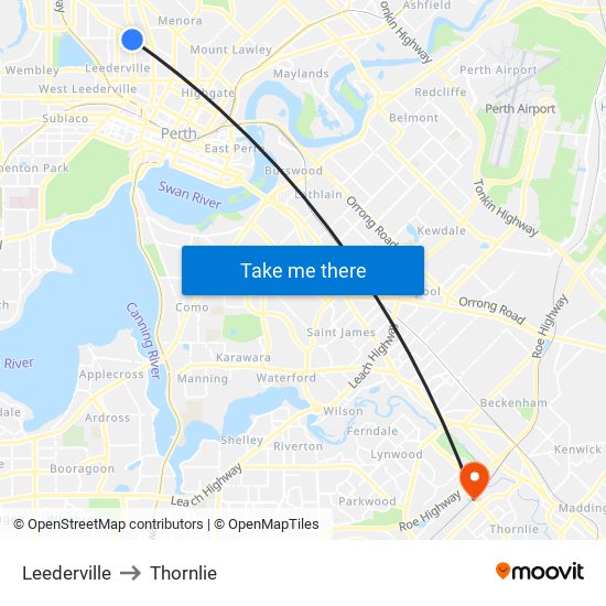 Leederville to Thornlie map