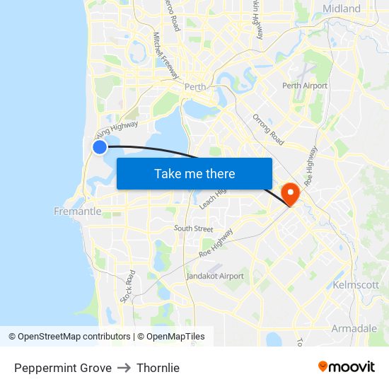 Peppermint Grove to Thornlie map