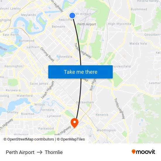 Perth Airport to Thornlie map