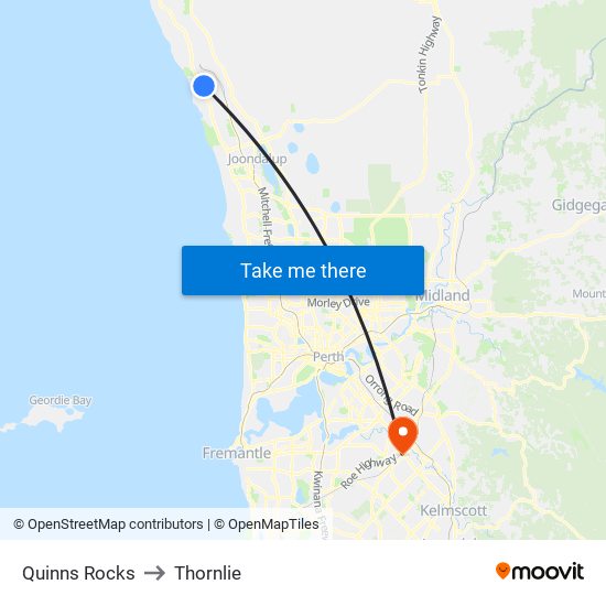 Quinns Rocks to Thornlie map