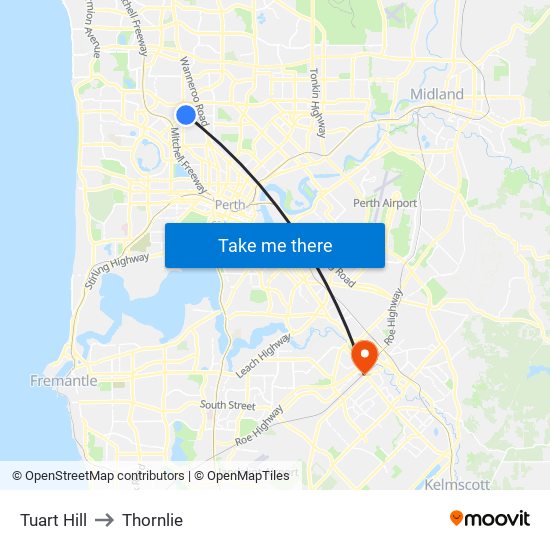 Tuart Hill to Thornlie map