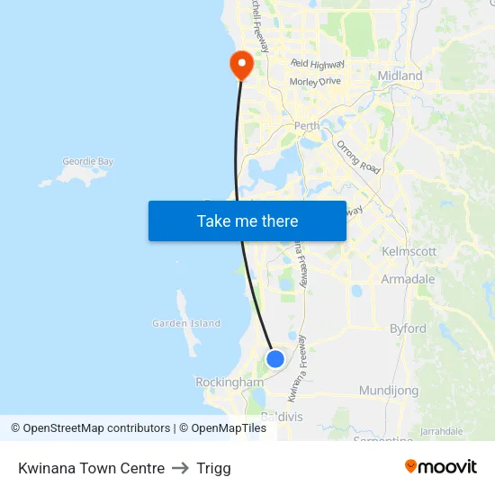Kwinana Town Centre to Trigg map