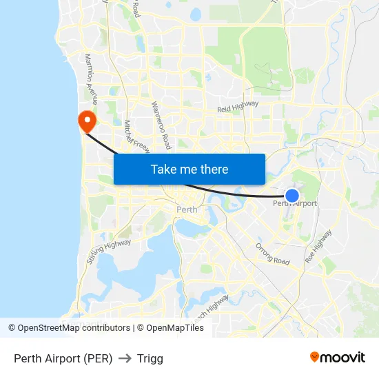 Perth Airport (PER) to Trigg map