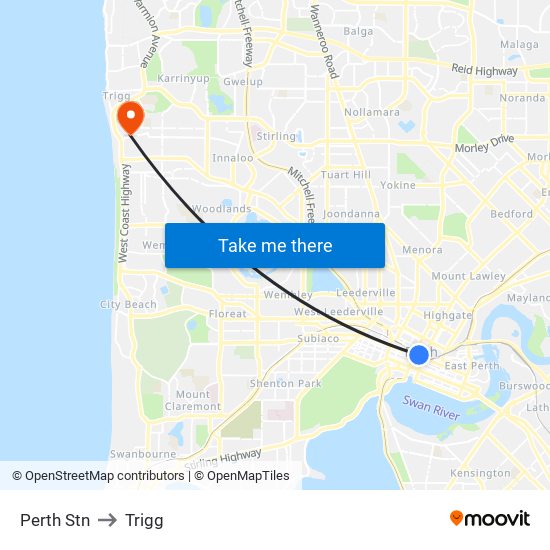 Perth Stn to Trigg map