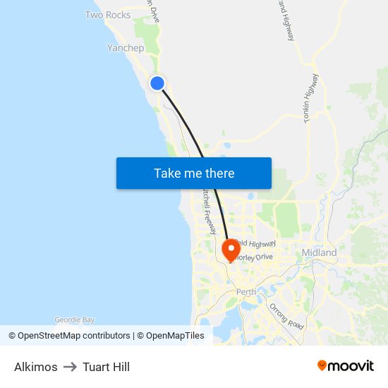 Alkimos to Tuart Hill map