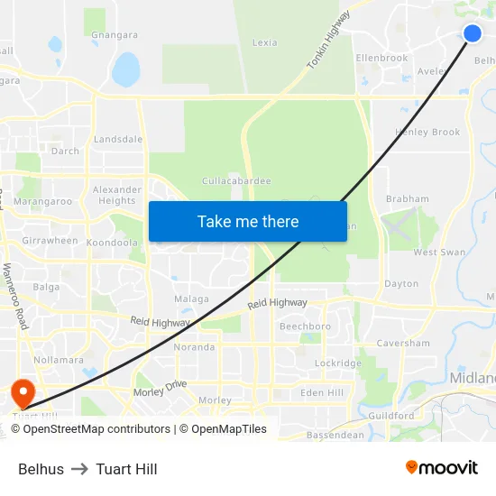 Belhus to Tuart Hill map