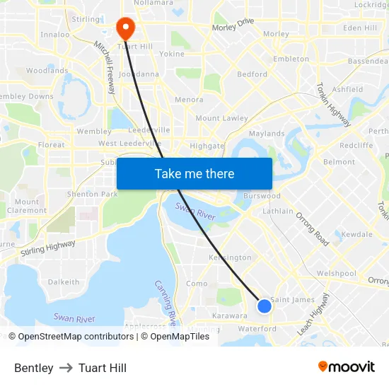 Bentley to Tuart Hill map