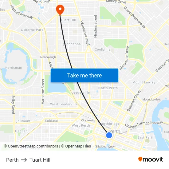 Perth to Tuart Hill map