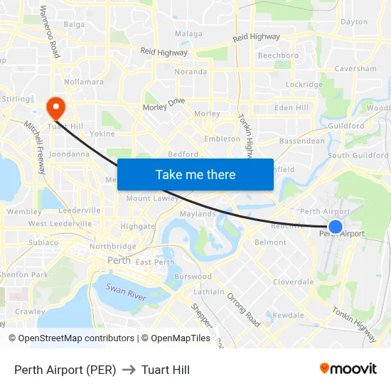 Perth Airport (PER) to Tuart Hill map