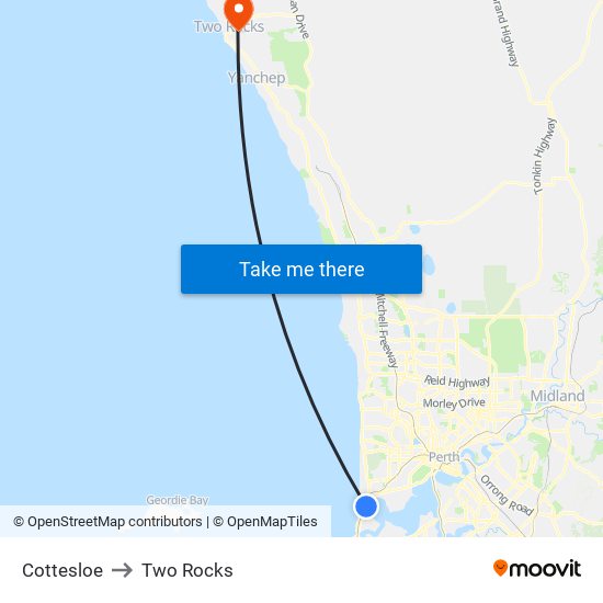 Cottesloe to Two Rocks map