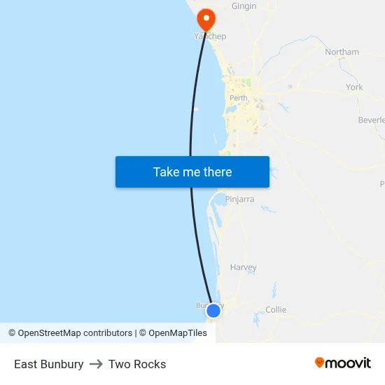 East Bunbury to Two Rocks map