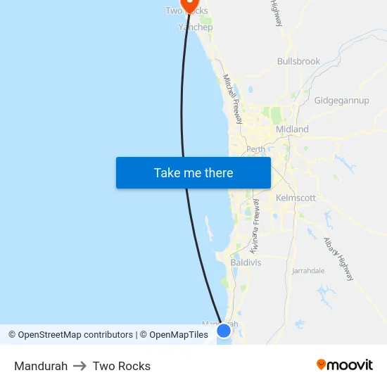 Mandurah to Two Rocks map