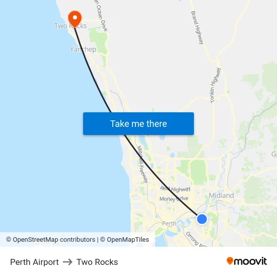 Perth Airport to Two Rocks map